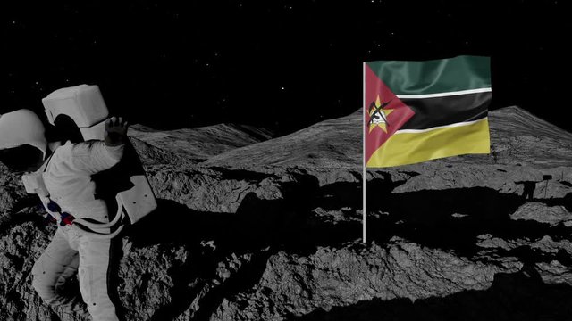 astronaut planting Mozambique flag on the moon.