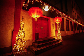 chinese restaurant entrance with authentic lanterns and lights