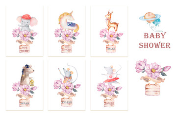 Cute set for baby shower watercolor illustration, birthday greeting cards,posters for baby room, invite, kids, honoring. Hand drawn nursery illustration. Funny unicron, rat, deer, pink flower boho