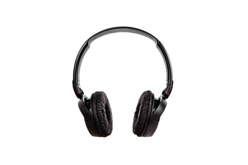 Black headphones isolated on white. The concept of creating and listening to music. Comfortable headphones for listening to music. Creating sounds and listening to the foundations.