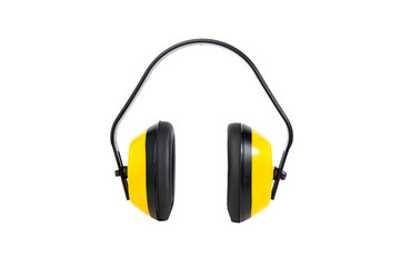 Yellow ear-muffs isolated on a white background. Earplugs. The concept of hygiene and safety at work, home. Too loud sound, hearing damage.