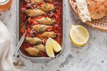 Calamari stuffed with rice with tomato sauce, copy space