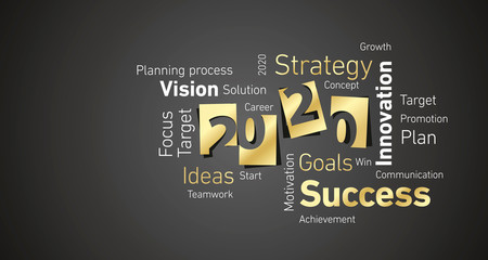 Success New Year 2020 gold white word cloud black board background