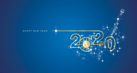 New Year 2020 line design gold clock sparkle firework champagne white blue vector