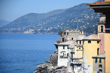 Cityscape and beach photos of the small fishing village and tourist resort Camogli, Italy