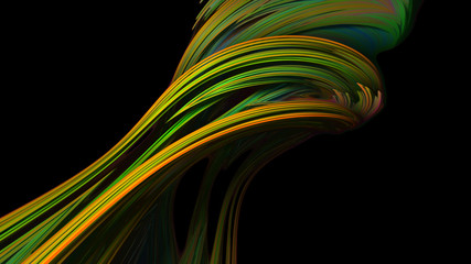 abstract composition randomly twisted multi-colored stripes on a dark background, 3D graphics
