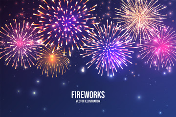 Festive fireworks. Realistic colorful firework on blue abstract background. Multicolored explosion. Christmas or New Year greeting card. Diwali festival of lights. Vector illustration.