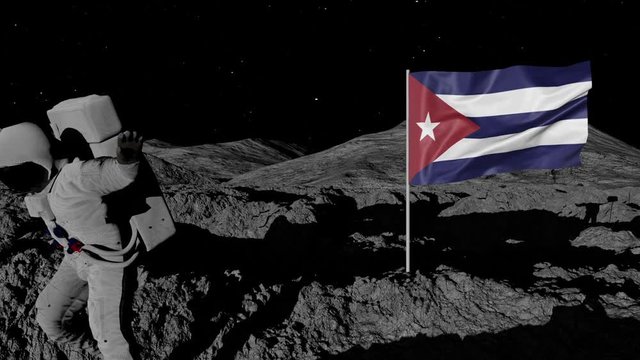 astronaut planting Cuba flag on the moon.
