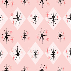 Atomic age starburst naadloos patroon geïnspireerd op kitsch uit de jaren 60. Roze en zwarte herhaling die de gestileerde look uit het midden van de eeuw laat zien, zoals die gebruikelijk is bij reclame uit het ruimtetijdperk, textiel, papier, mode en dec