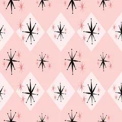 Tapeten Atomic Age Starburst nahtloses Muster, inspiriert vom Kitsch der 1960er Jahre. Rosa und schwarze Wiederholung, die den stilisierten Mid-Century-Look zeigt, der bei Raumfahrtwerbung, Textilien, Papier, Mode und Dekor üblich ist. © Lori Krout Design
