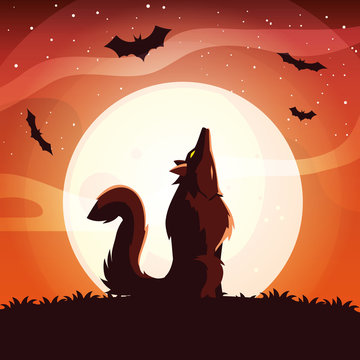 angry wolf howling to the moon in scene of halloween