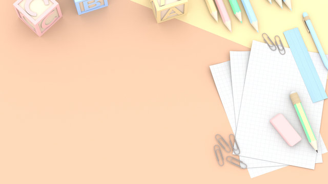 3d rendering of stationery on desk in color pastel minimal style with copy space in center