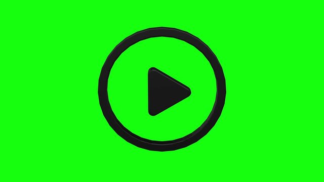 Black circular play button icon, isometric style on green screen or chroma key background.Multimedia, player, start, audio control, interface, navigation,video play button logo.Animation 3d flat style