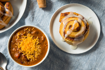 Homemade Chili Soup and Cinnamon Roll