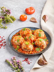 Pork meatballs with tomato sauce, oregano leaves, spices and herbs on a gray concrete background. side view