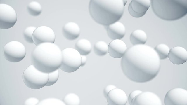 Simple spheres falling down. Clean style minimal abstract background. White bubbles movement. Plastic balloon motion texture concept. Seamless loop.