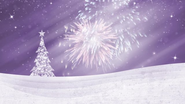 Violet coloured Christmas night with illustrated Xmas tree and fireworks. Copy space animation background.