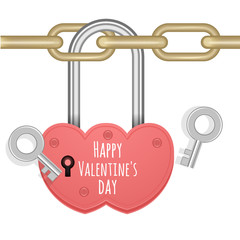 Greeting card with Closed heart lock hanging on chain isolated on white. background for Valentine's day or any other Love invitation cards. Vector eps 10 format