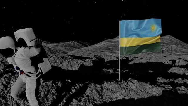astronaut planting Rwanda flag on the moon.
