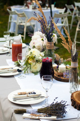 Wedding table setup. Elegant wedding table decorated with flowers.