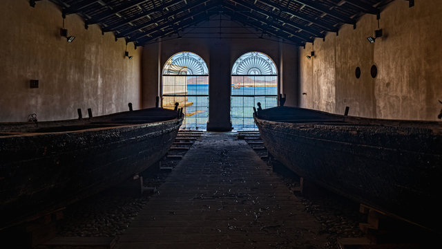 Tuna fishing boats in Tonnara Florio (Florio old factory), Favignana, Egadi Islands, Italy