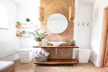 Boho style bathroom interior.