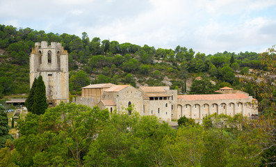 Fototapeta na wymiar Historical view of Castle of Abbey Sainte-Marie d'Orbieu in Lagrasse