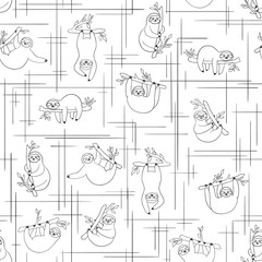 Seamless pattern with cute baby sloths hanging on the tree. Black and white line art. Hand drawn adorable animal background in the minimalist style. Vector rainforest set of funny sloths