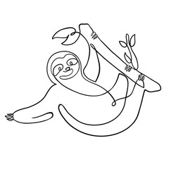 One line drawing cute sloth hanging on the tree. Modern continuous line art abstract animal, minimalist contour. Great for t-shirt print, tote bag, sticker, poster, card, logo, wall art - 292052982