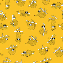 Seamless pattern with cute baby sloths hanging on the tree. Line art. Hand drawn adorable animal background. Vector rainforest set of funny sloths © Dasha D