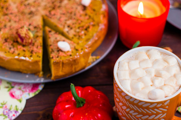 Pumpkin Pie Traditional Thanksgiving Tasty Tart. Autumnal Food Background with Hand Made Baked Cake. 