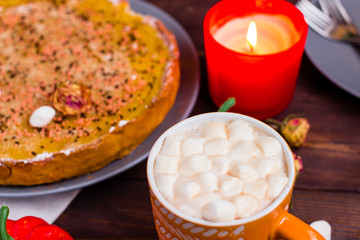 Pumpkin Pie Traditional Thanksgiving Tasty Tart. Autumnal Food Background with Hand Made Baked Cake. 