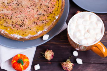Pumpkin Pie Traditional Thanksgiving Tasty Tart. Autumnal Food Background with Hand Made Baked Cake. 