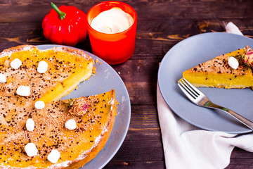 Pumpkin Pie Traditional Thanksgiving Tasty Tart. Autumnal Food Background with Hand Made Baked Cake. 