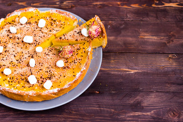 Pumpkin Pie Traditional Thanksgiving Tasty Tart. Autumnal Food Background with Hand Made Baked Cake. 