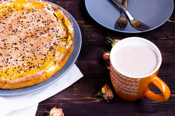 Pumpkin Pie Traditional Thanksgiving Tasty Tart. Autumnal Food Background with Hand Made Baked Cake. 