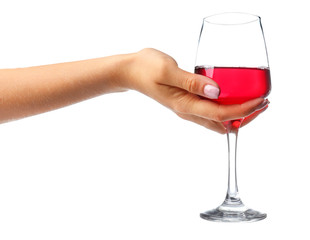 Female hand with glass of wine on white background