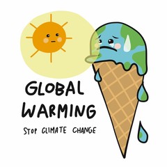 Global warming earth ice-cream cone melting cartoon vector illustration