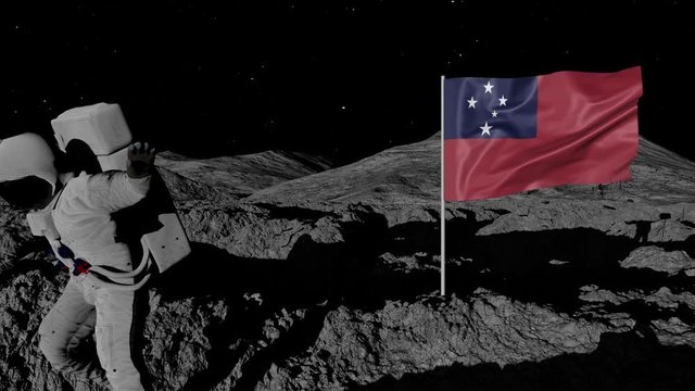 astronaut planting Samoa flag on the moon.