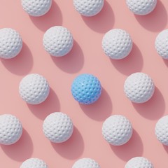 Blue golf ball color white many white golf ball on pink background color. minimal sport idea. 3D render.