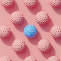 Blue golf ball color white many white golf ball on pink background color. minimal sport idea. 3D render.