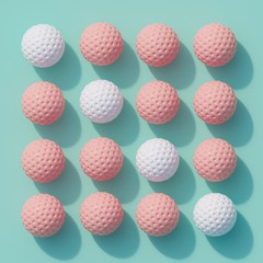 Pink and White Golfball on green background. Flatlay concept idea. 3D Render.