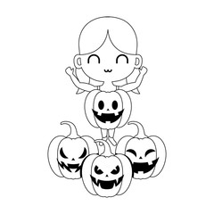 silhouette of girl disguised as a pumpkin with icons halloween