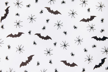 Halloween concept. Decorations on white background. Flat lay, top view, copy space