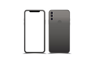 Set Mock-up of realistic Smartphones. Two modern telephones. Front side with screen and back side with cameras isolated on white background with shadow. Flat vector illustration EPS 10.
