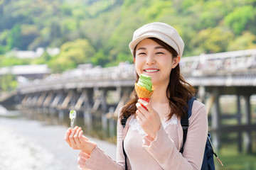 観光する女性　ソフトクリーム　京都