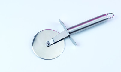 Pizza cutter on white background, Concept Kitchen in the restaurant, Front view Blank for design..