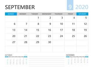 Calendar 2020 template, SEPTEMBER 2020 year, desk calendar 2020 layout, corporate design planner template. blue color