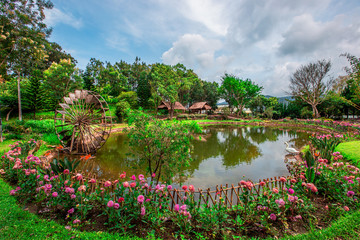 Fototapeta na wymiar Landmark tourist attractions in Chiang Mai,Thailand(Royal Agricultural Station Inthanon),beautiful garden decoration, with a variety of flowers,for tourists to take picture according to the tourist