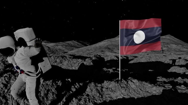 astronaut planting Laos flag on the moon.